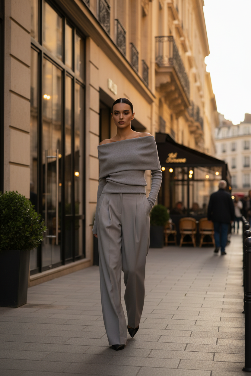 Outdoor lifestyle foto grijze off-shoulder set