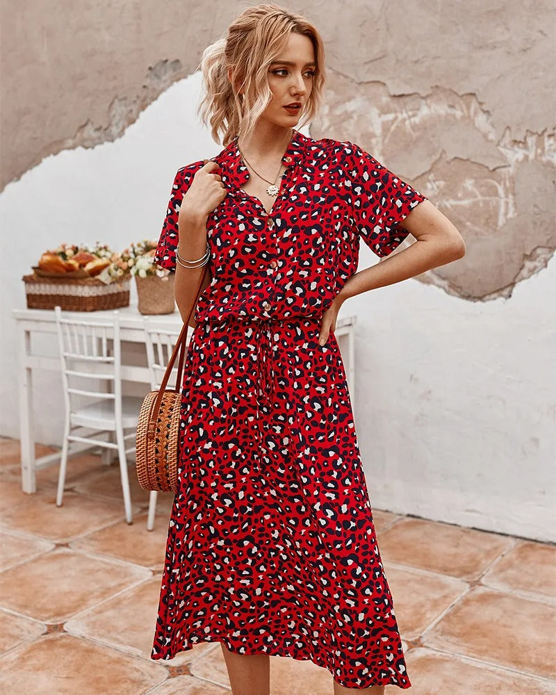 Zeraya | Women's Summer Midi Dress with Print and Waist Tie