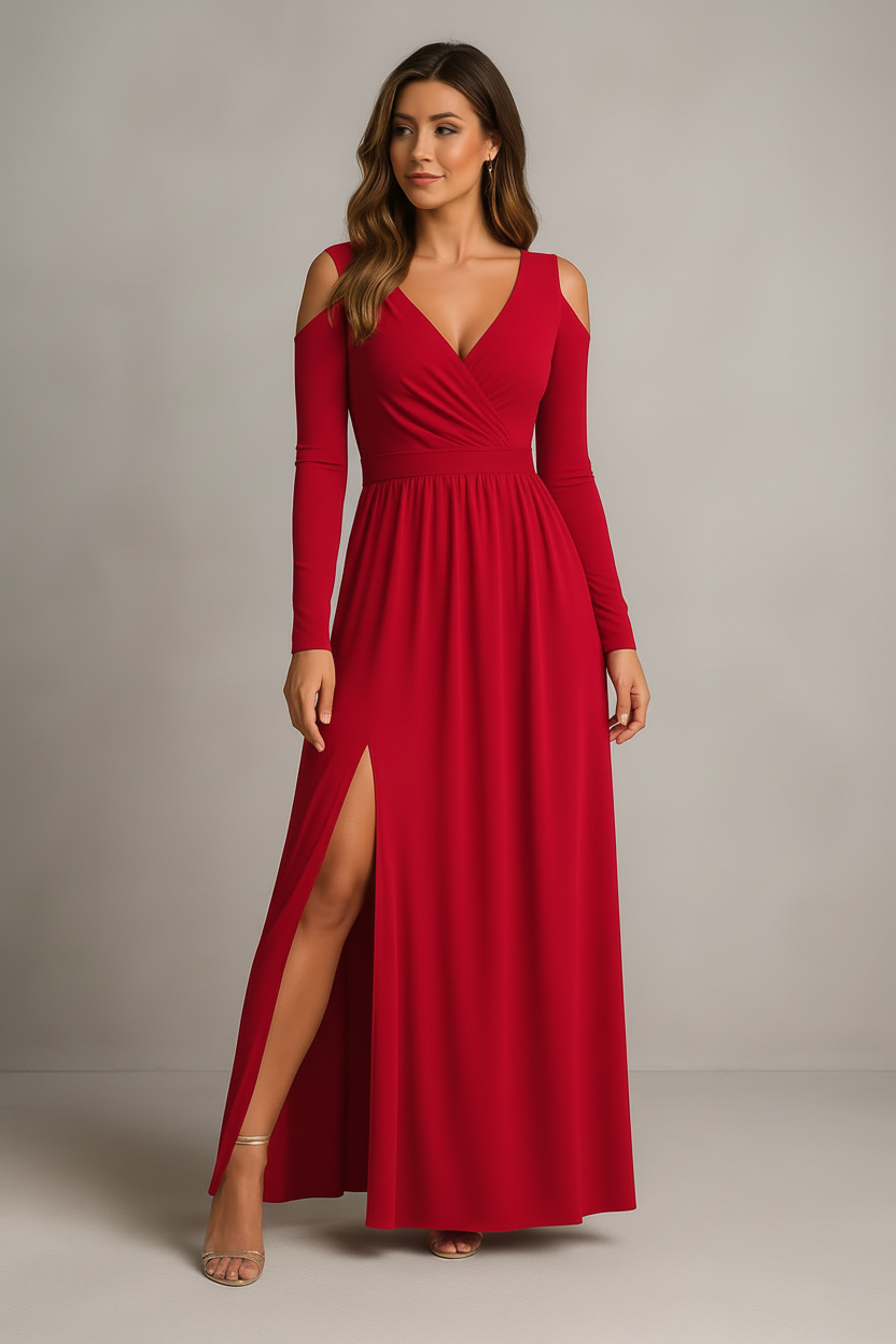 Red maxi dress studio shot