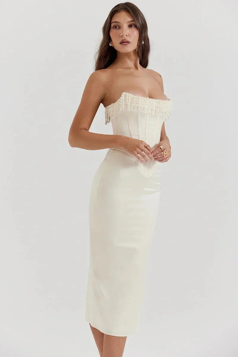 Jolie | Damska Elegancka Sukienka Midi Bez Ramiączek Z Perłowymi Detalami