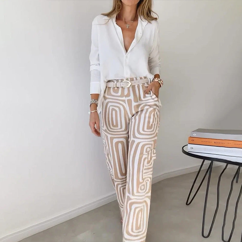 Opal | Elegancki Komplet Damski z Wzorzystymi Spodniami Wide Leg