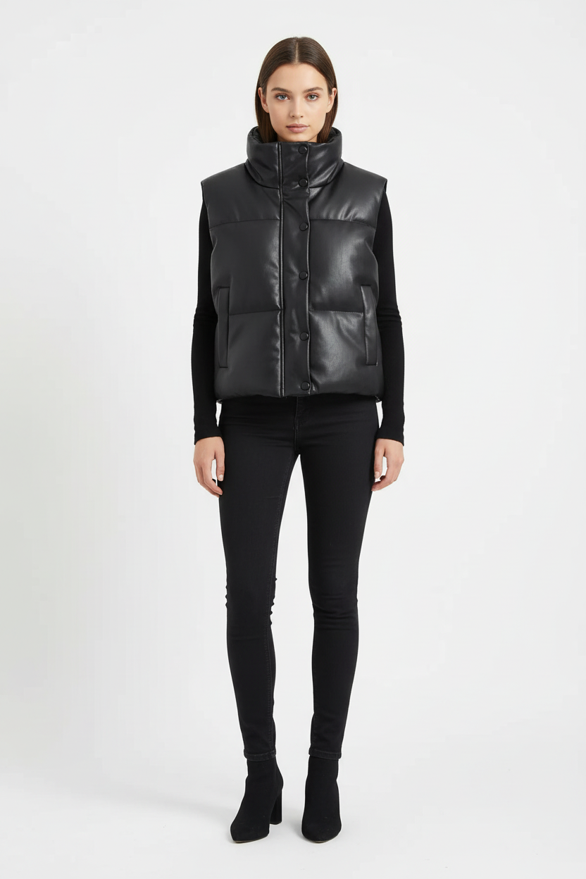 Studio productfoto gladde leren bodywarmer