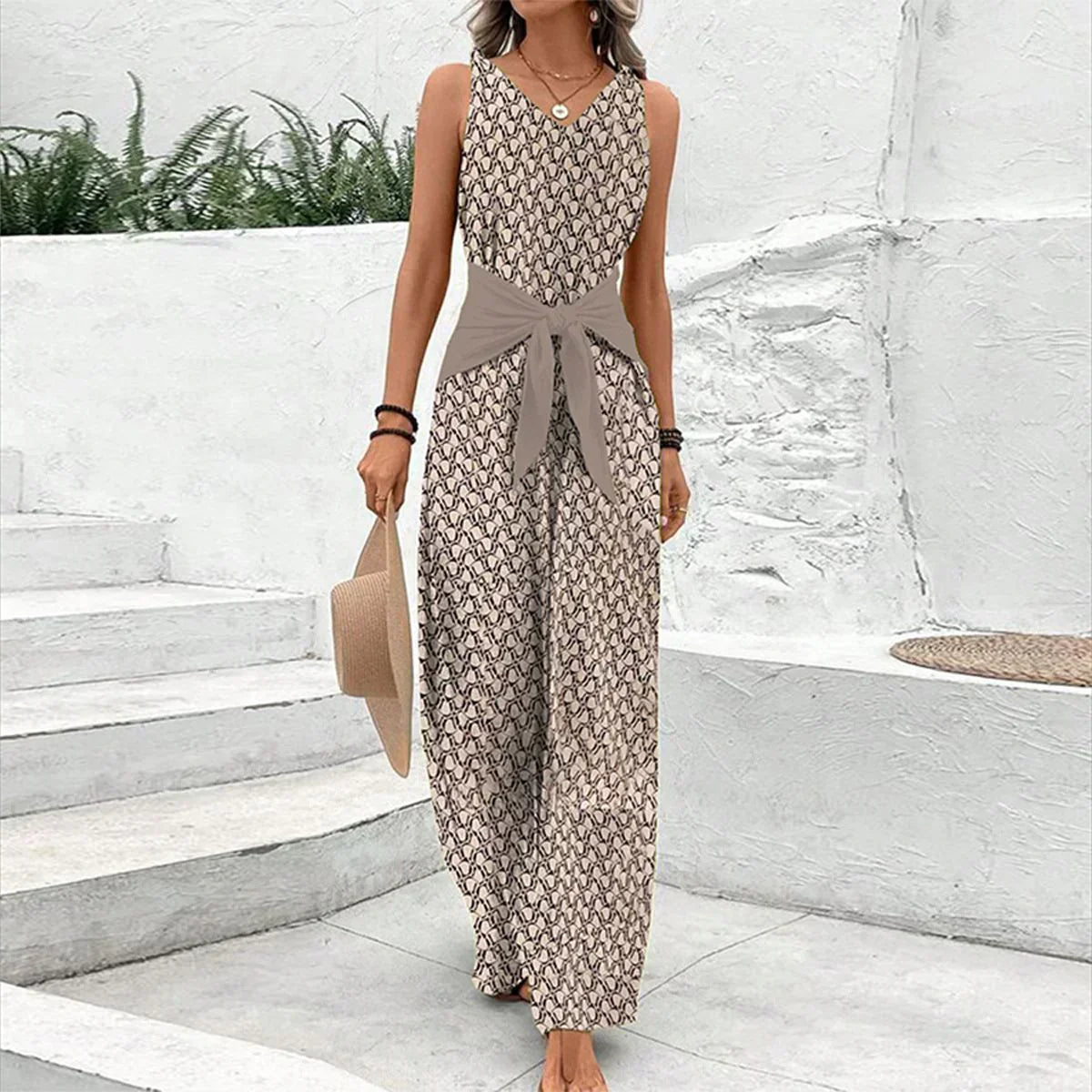 Novira | Tuta Casual Donna con Fantasia, Cintura e Gamba Larga
