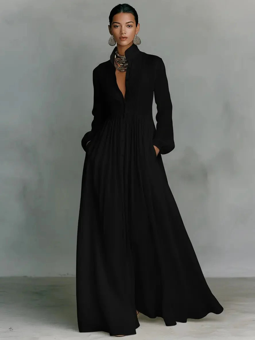 Victoria | Minimalistyczna Lniana Sukienka Maxi z Kołnierzem Mao