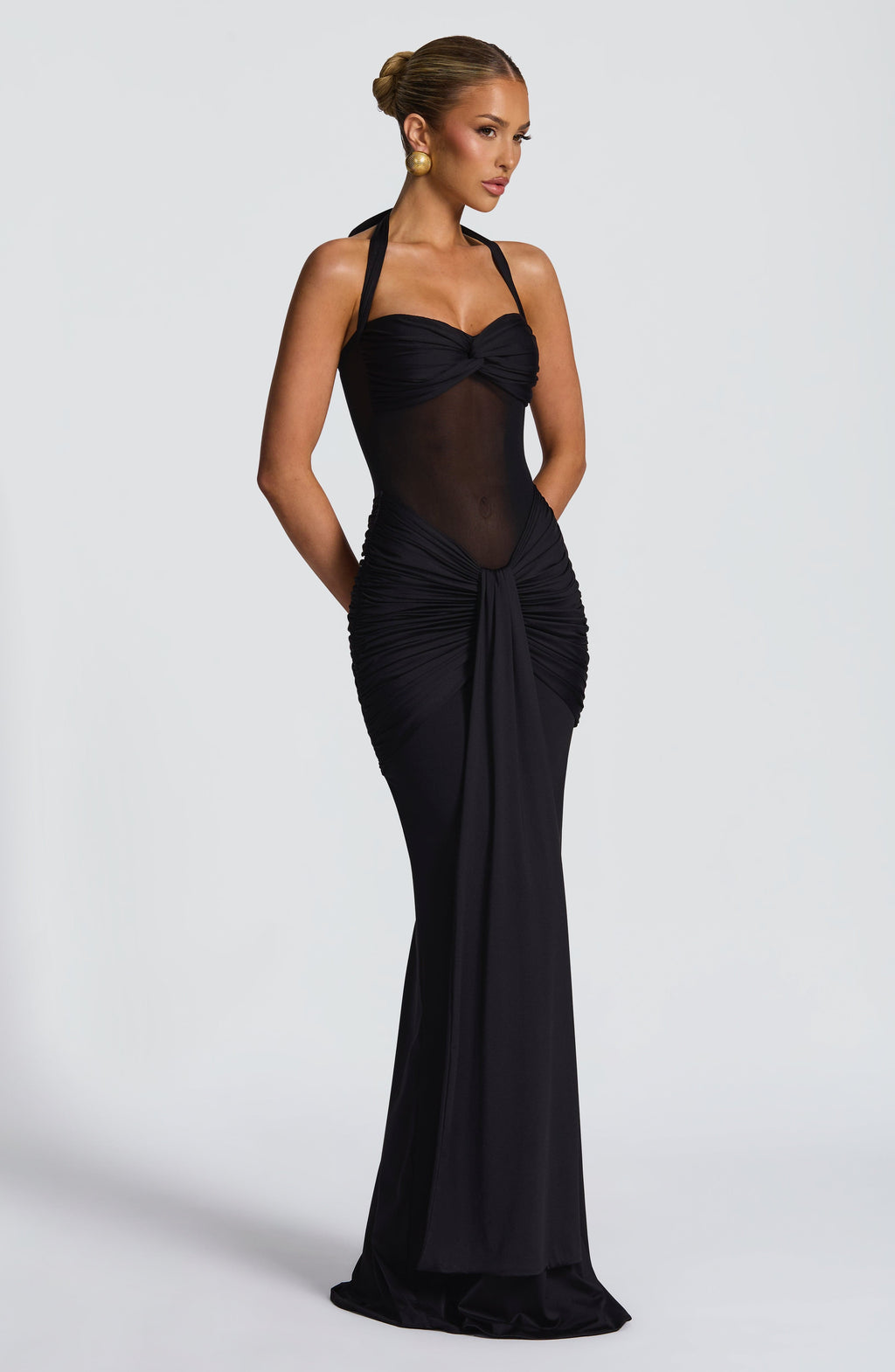 Noireva | Damska Elegancka Sukienka Maxi Halter z Marszczeniem