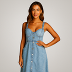 Lena | Vestito midi in jeans con spalline, bottoni e vita aderente