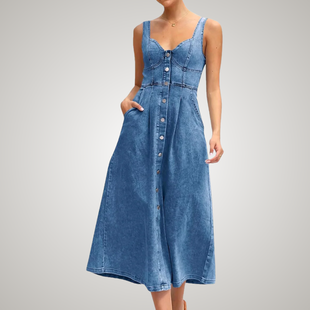 Lena | Vestito midi in jeans con spalline, bottoni e vita aderente