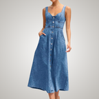 Lena | Vestito midi in jeans con spalline, bottoni e vita aderente