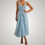 Lena | Vestito midi in jeans con spalline, bottoni e vita aderente