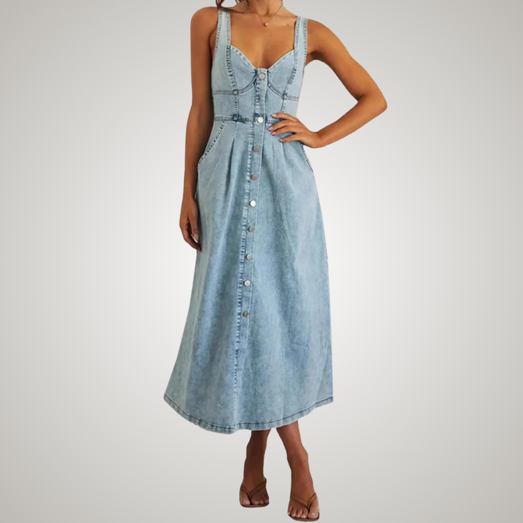 Lena | Vestito midi in jeans con spalline, bottoni e vita aderente
