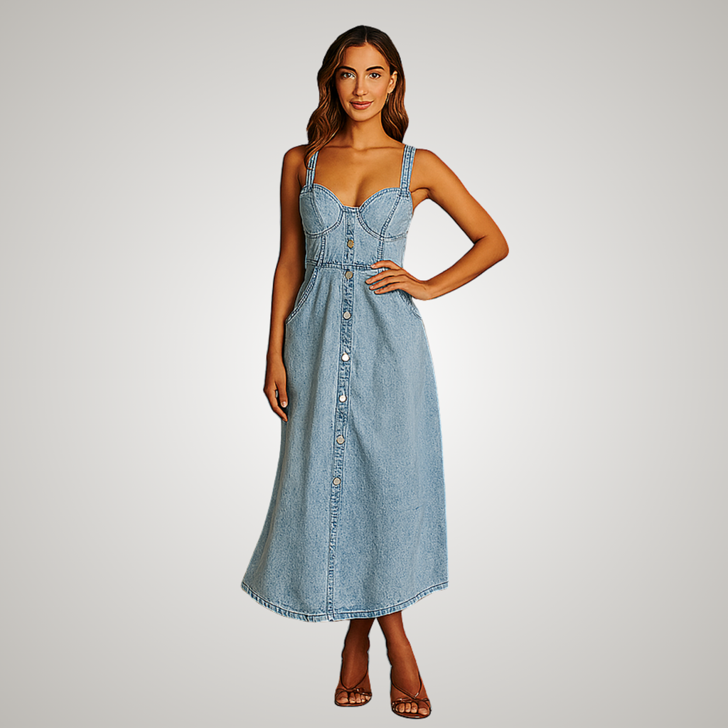 Lena | Vestito midi in jeans con spalline, bottoni e vita aderente