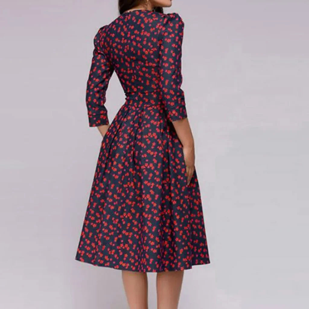 Rosavine | Abito Midi Formale Donna con Stampa Floreale e Maniche 3/4
