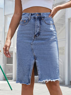 Alvena | Gonna Jeans Midi Donna con Vita Alta e Spacco