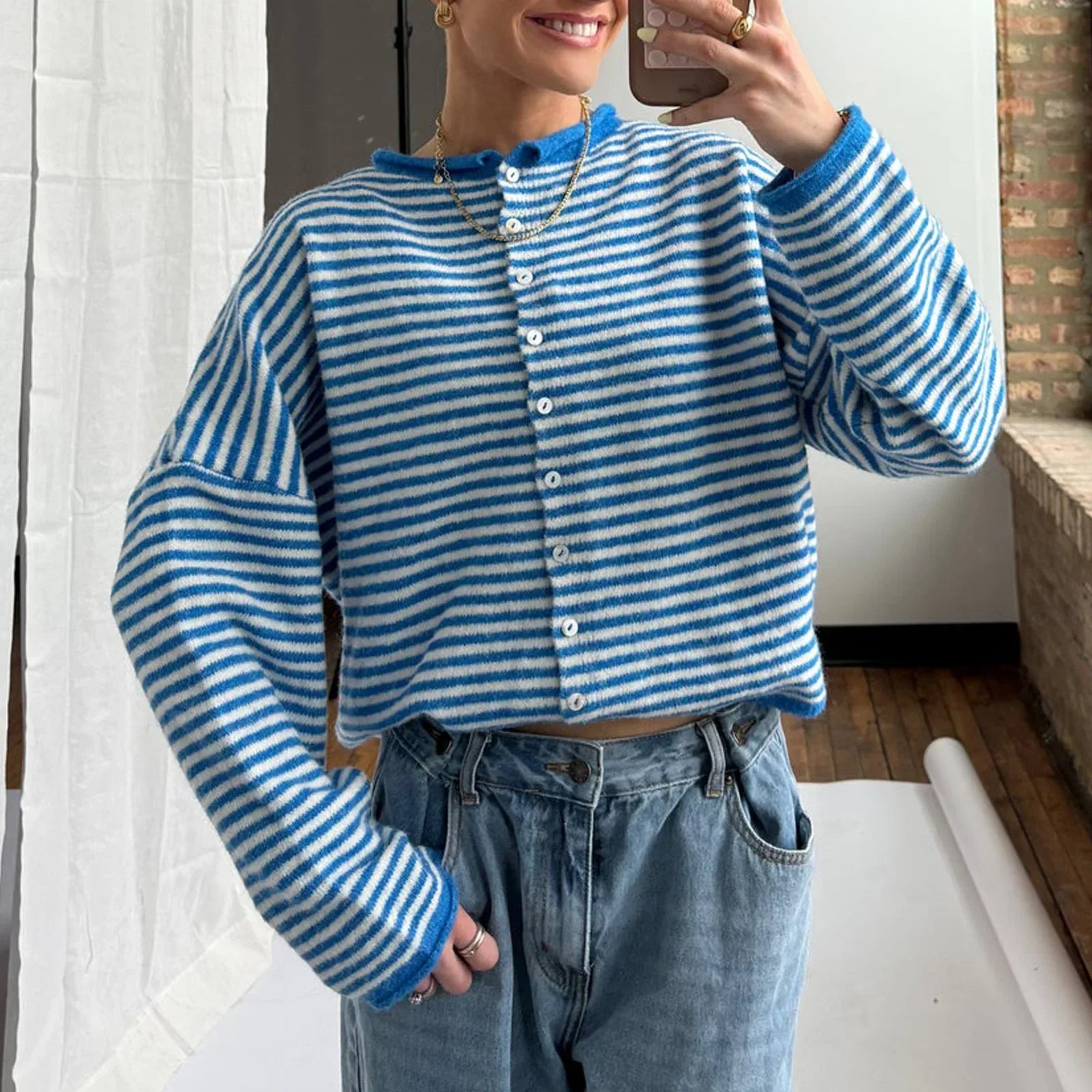 Novera | Women's Casual Striped Button-Up Cardigan